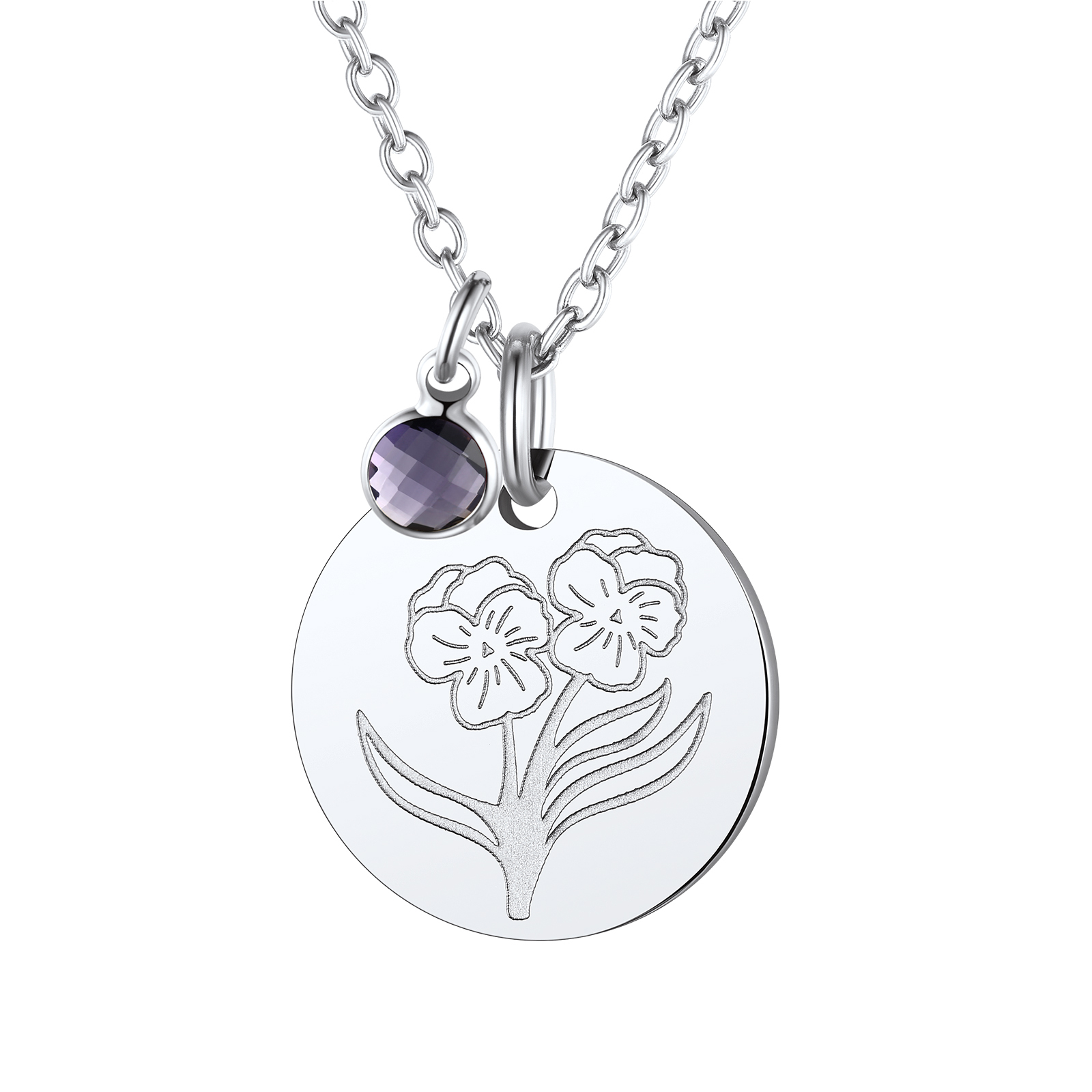 Personalized Birth Flower Birthstone Coin Necklace FEB
