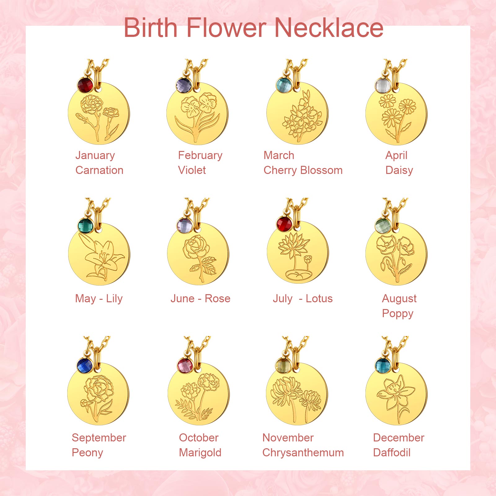 Personalized Birth Flower Birthstone Coin Necklace 12 months gold