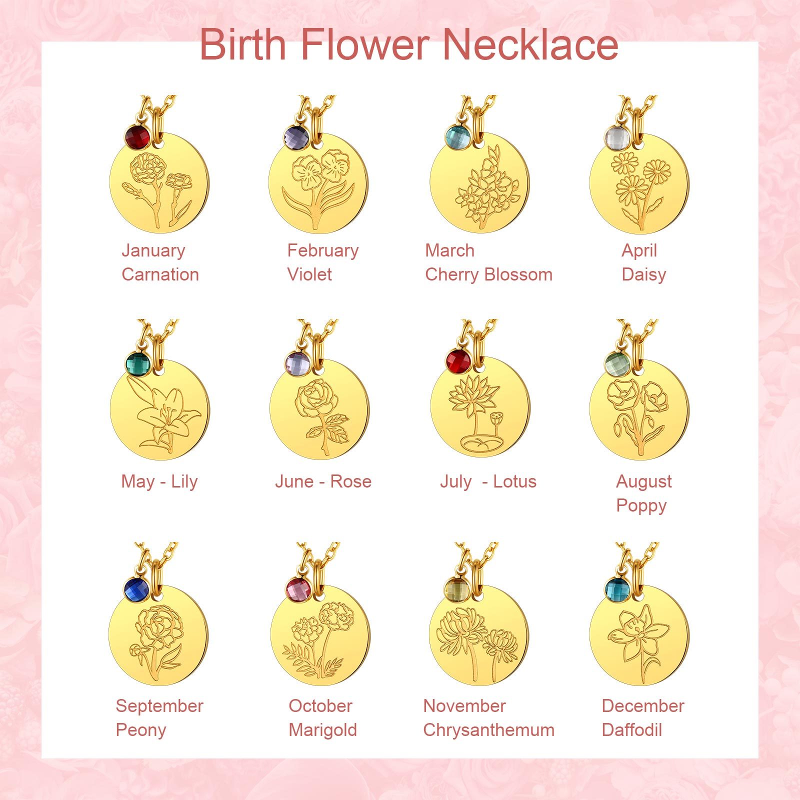 Personalized Birth Flower Birthstone Coin Necklace 12 months gold