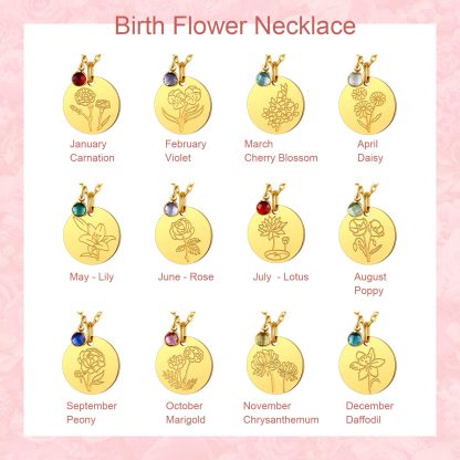 Personalized Birth Flower Birthstone Coin Necklace 12 months gold