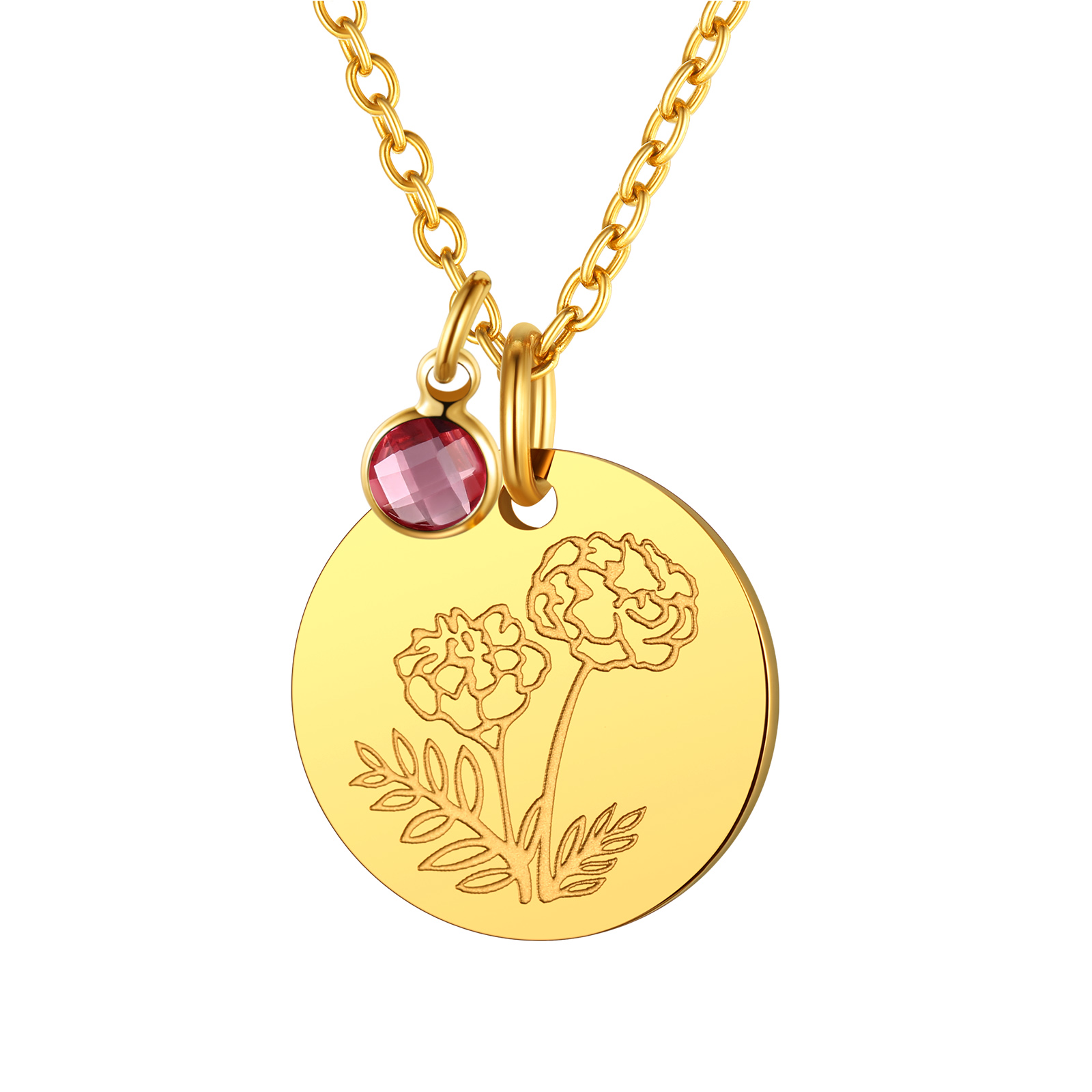 OCT Personalized Birth Flower Birthstone Coin Necklace