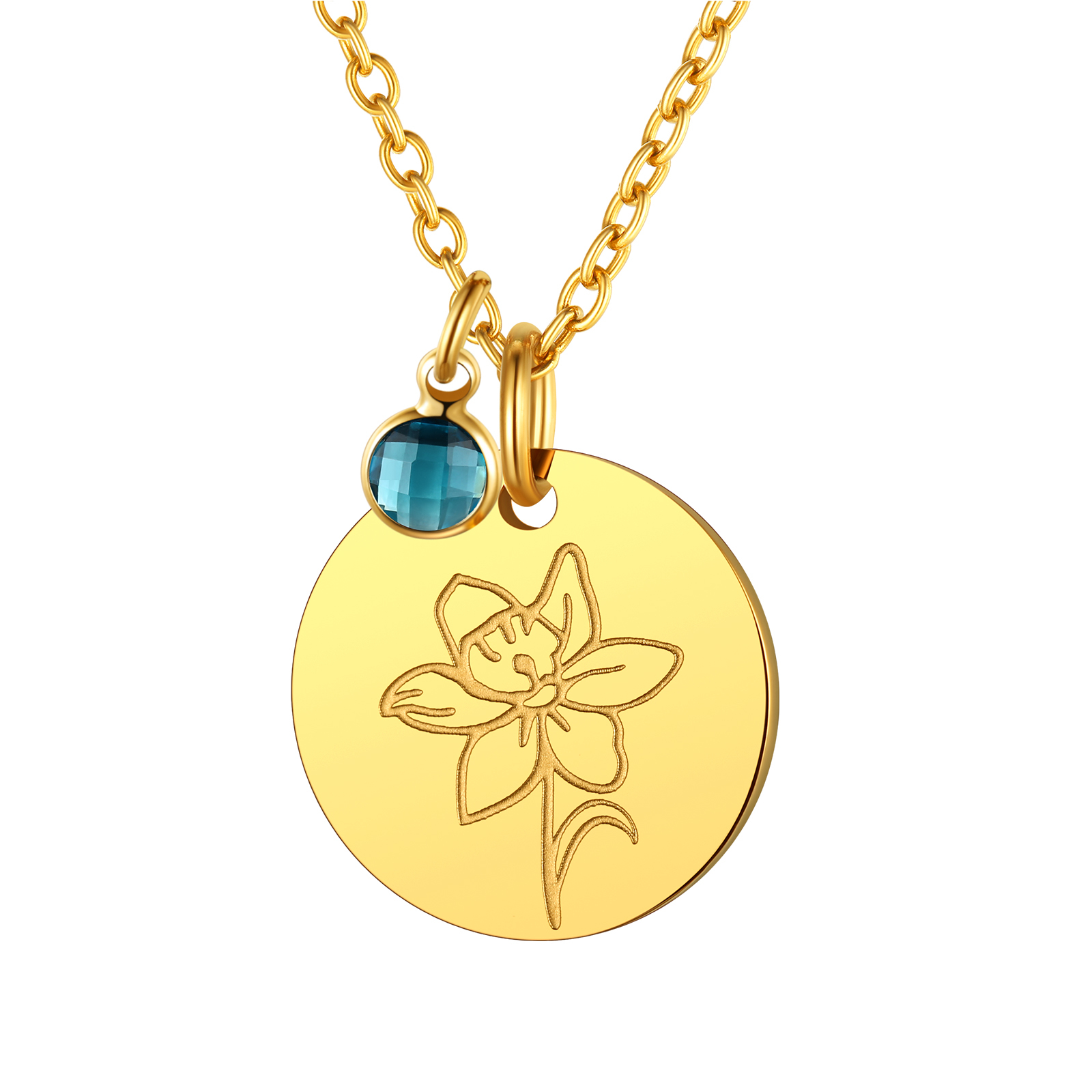 DEC Personalized Birth Flower Birthstone Coin Necklace