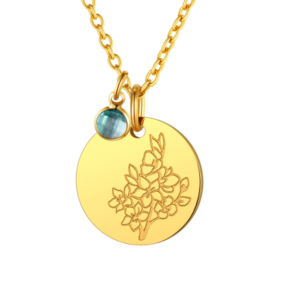 MAR Personalized Birth Flower Birthstone Coin Necklace
