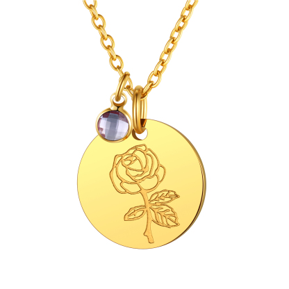 JUN Personalized Birth Flower Birthstone Coin Necklace