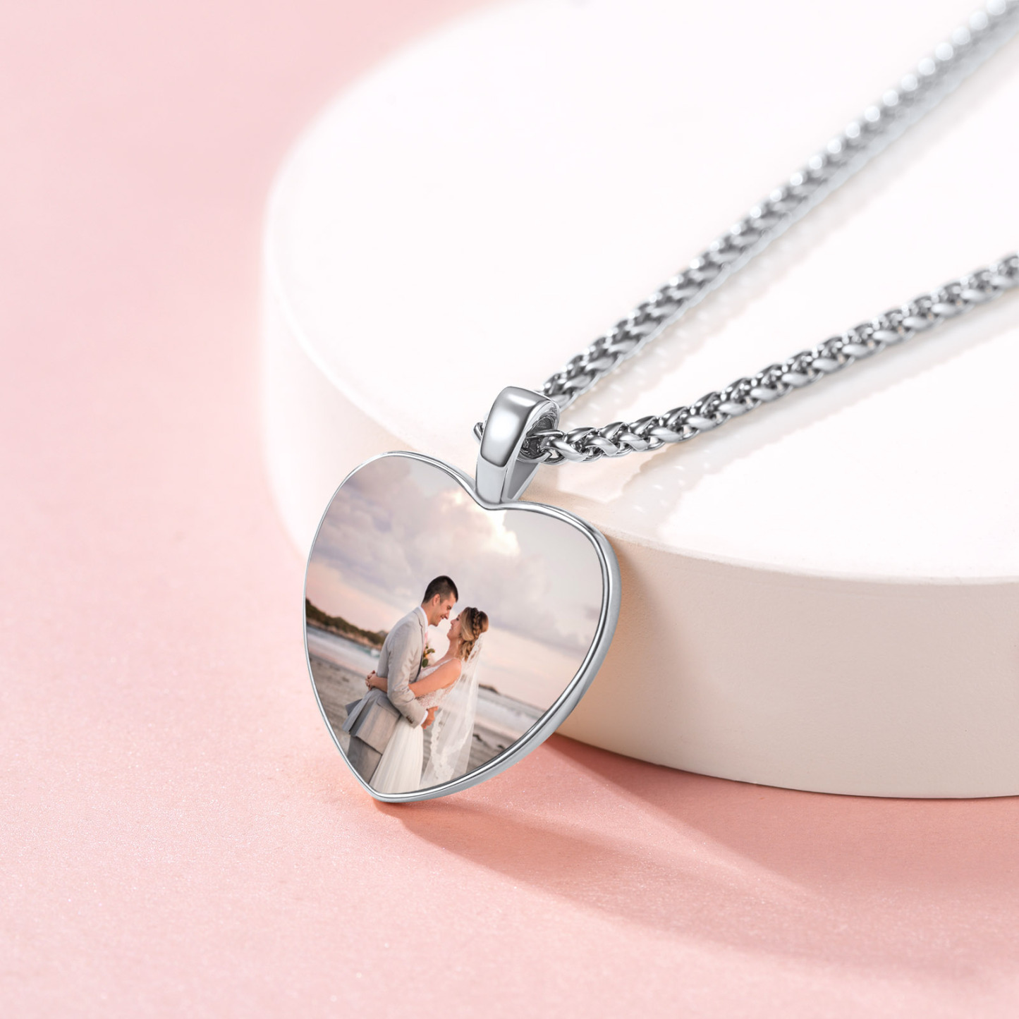 Personalized Photo Engraved Heart Necklace for Men Women DIY Memorial Jewelry silver scene