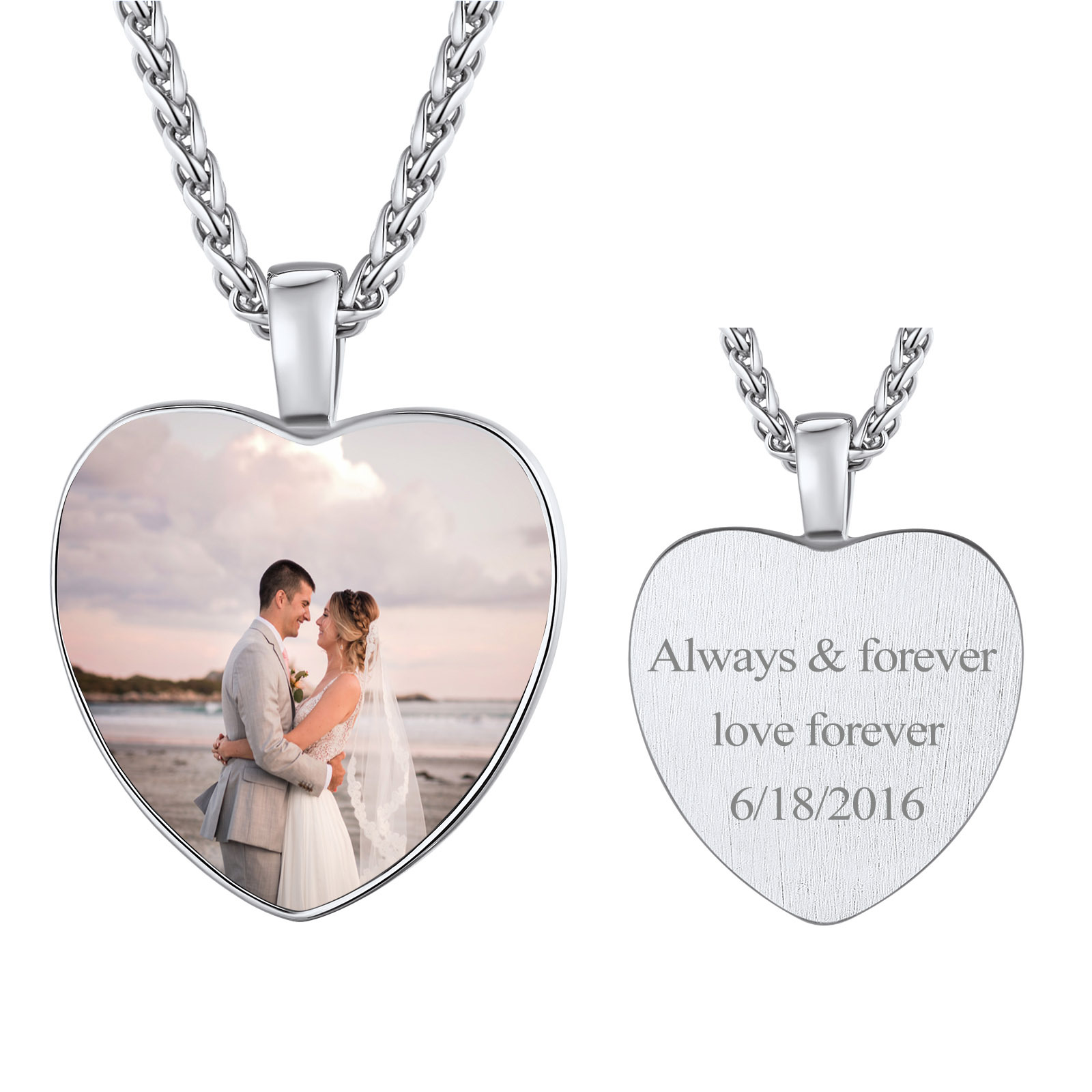 Personalized Photo Engraved Heart Necklace for Men Women DIY Memorial Jewelry silver