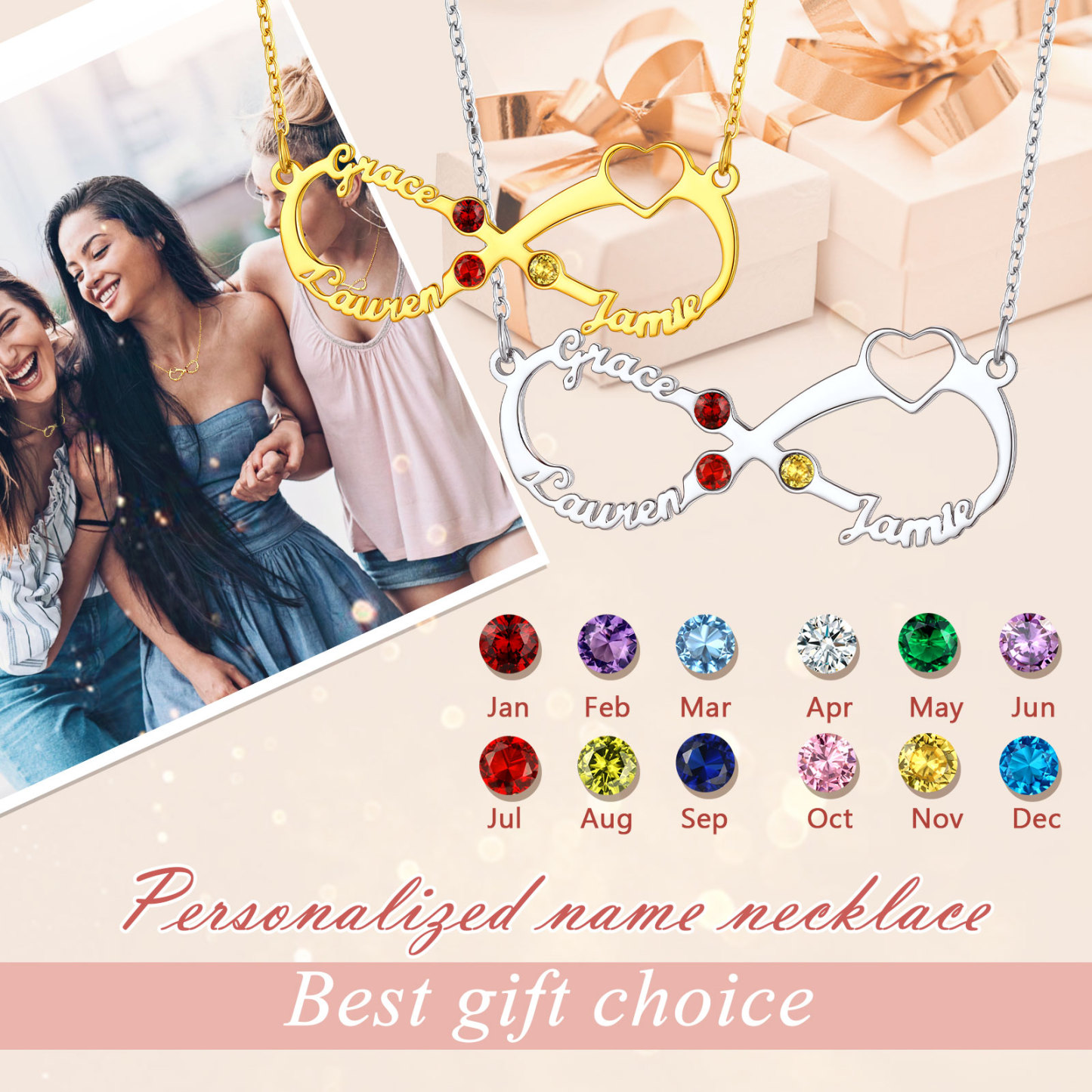 Birthstone Infinity 3 Names Necklace for Women 