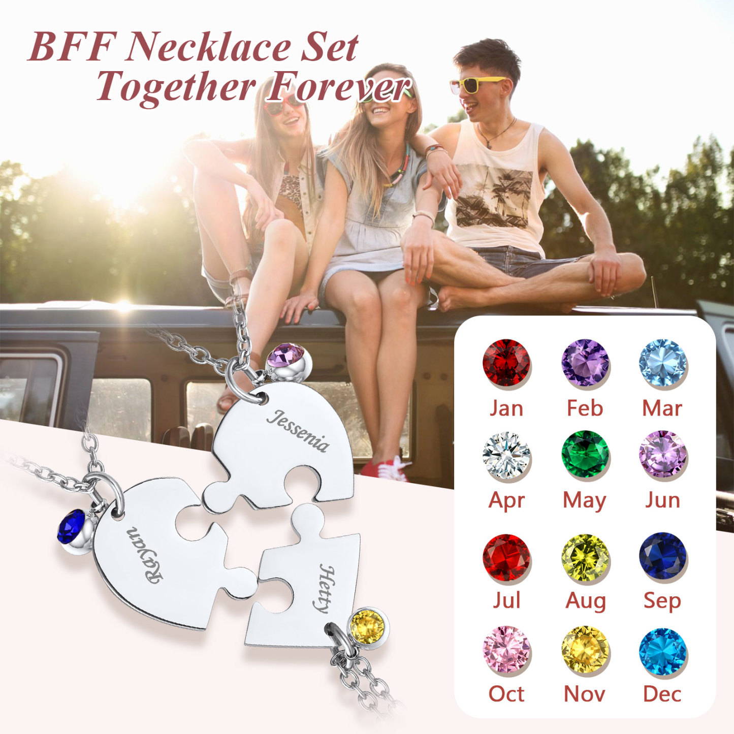 Personalized Birthstone Heart Puzzle Matching Pendant Necklace 