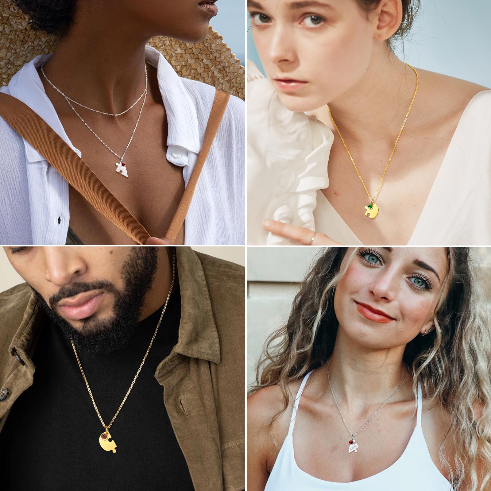Personalized Birthstone Heart Puzzle Matching Pendant Necklace model show