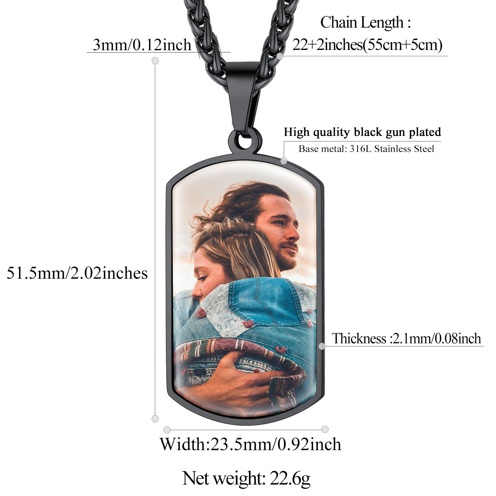Customized Stainless Steel Dog Tag Photo Necklace Black Size