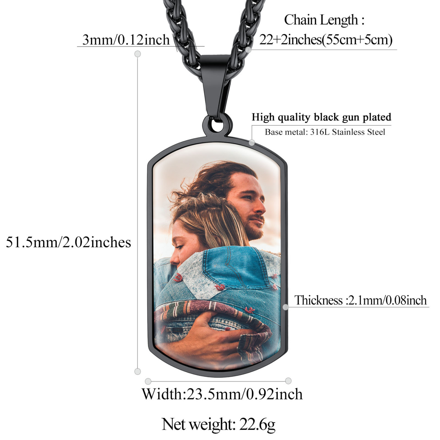 Customized Stainless Steel Dog Tag Photo Necklace Black Size