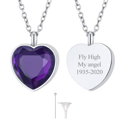 Custom Birthstone Engraved Heart Urn Necklaces for Ashes FEB
