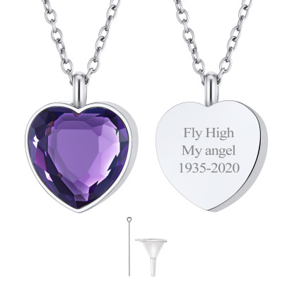 Custom Birthstone Engraved Heart Urn Necklaces for Ashes JUN