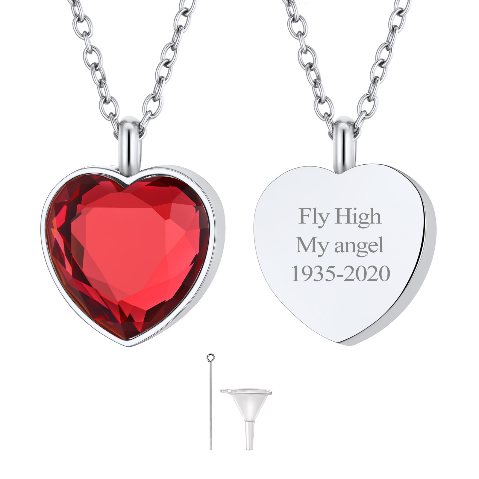 Custom Birthstone Engraved Heart Urn Necklaces for Ashes JUL