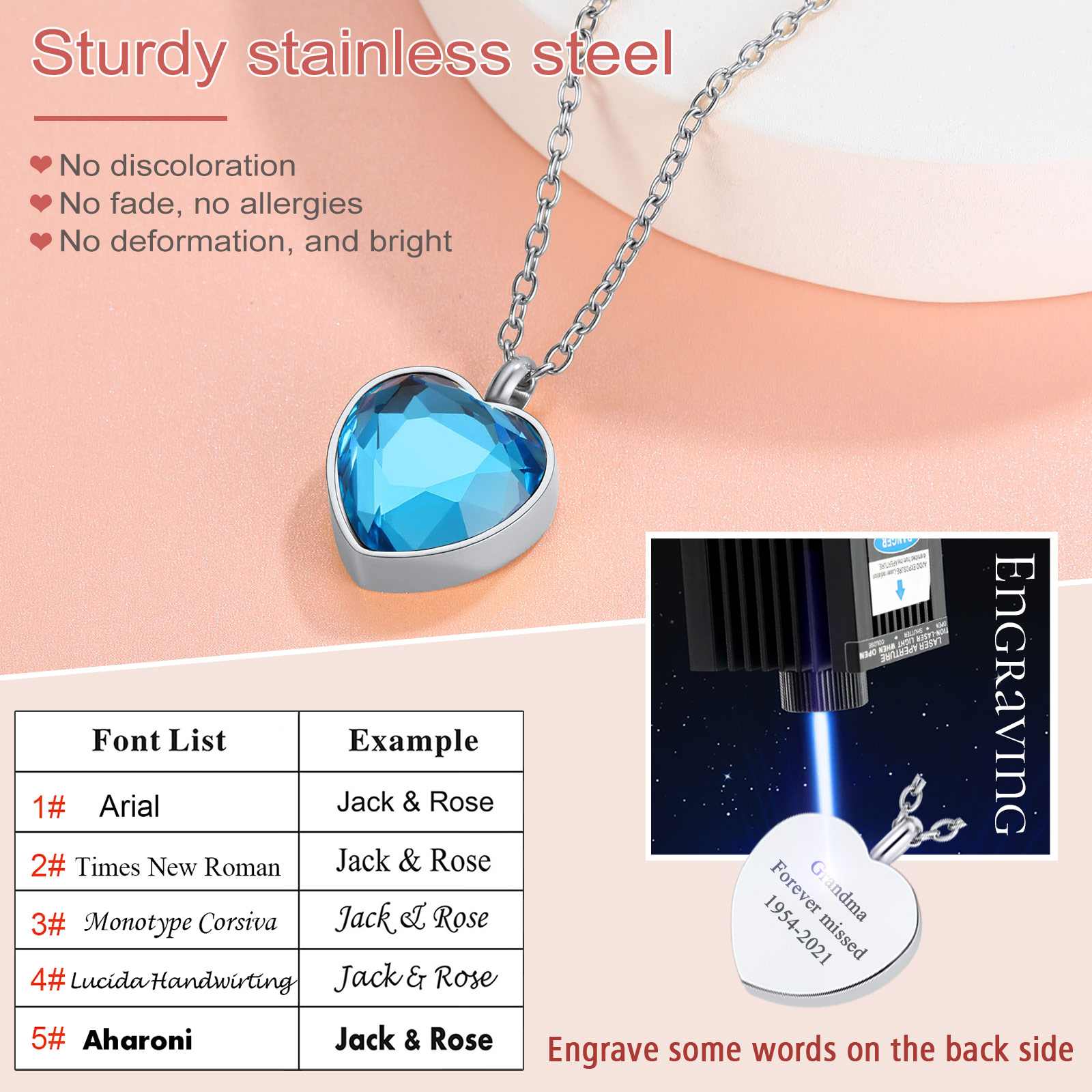 Custom Birthstone Engraved Heart Urn Necklaces for Ashes  5 fonts