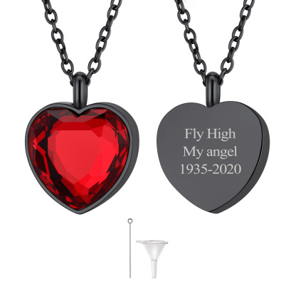 Custom Birthstone Engraved Heart Urn Necklaces for Ashes JAN BLACK