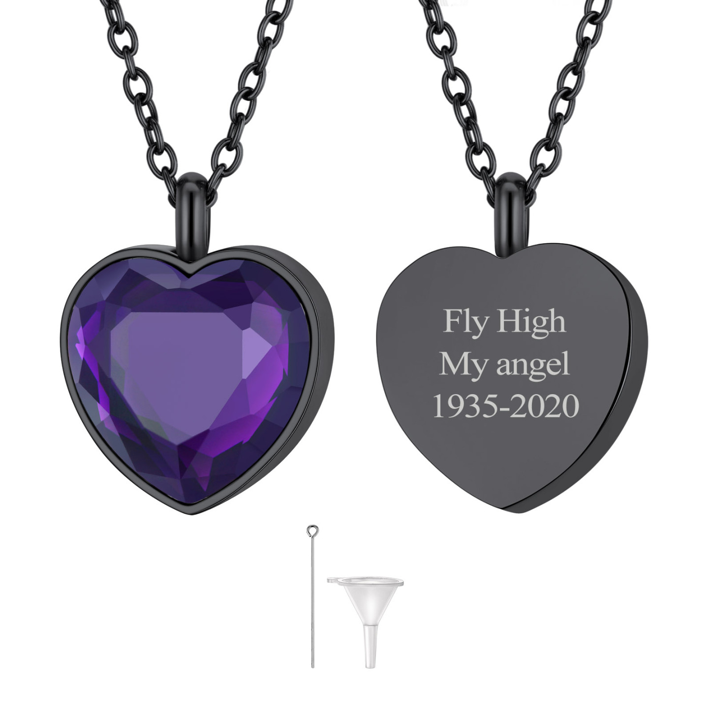 Custom Birthstone Engraved Heart Urn Necklaces for Ashes FEB BLACK
