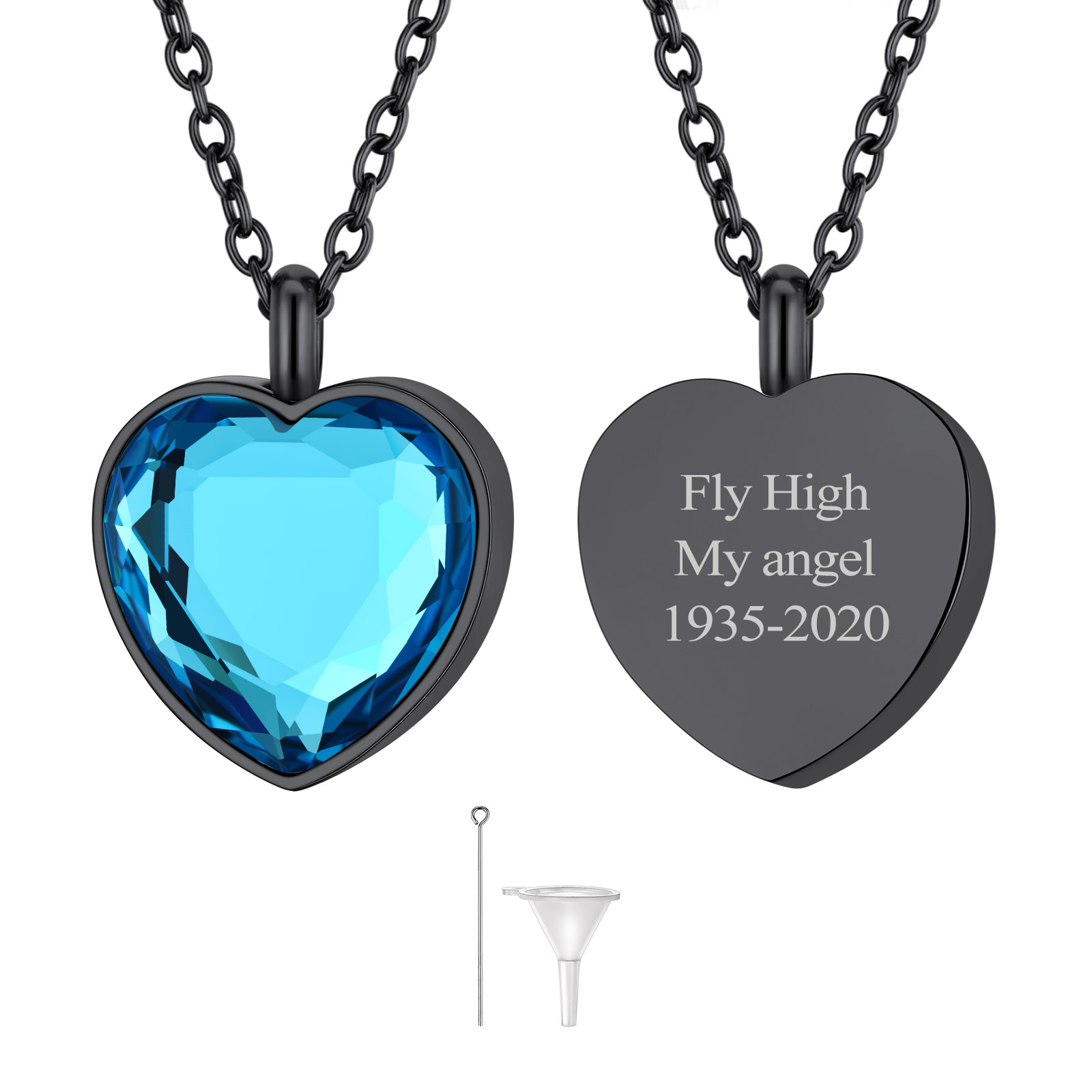 Custom Birthstone Engraved Heart Urn Necklaces for Ashes MAR BLACK