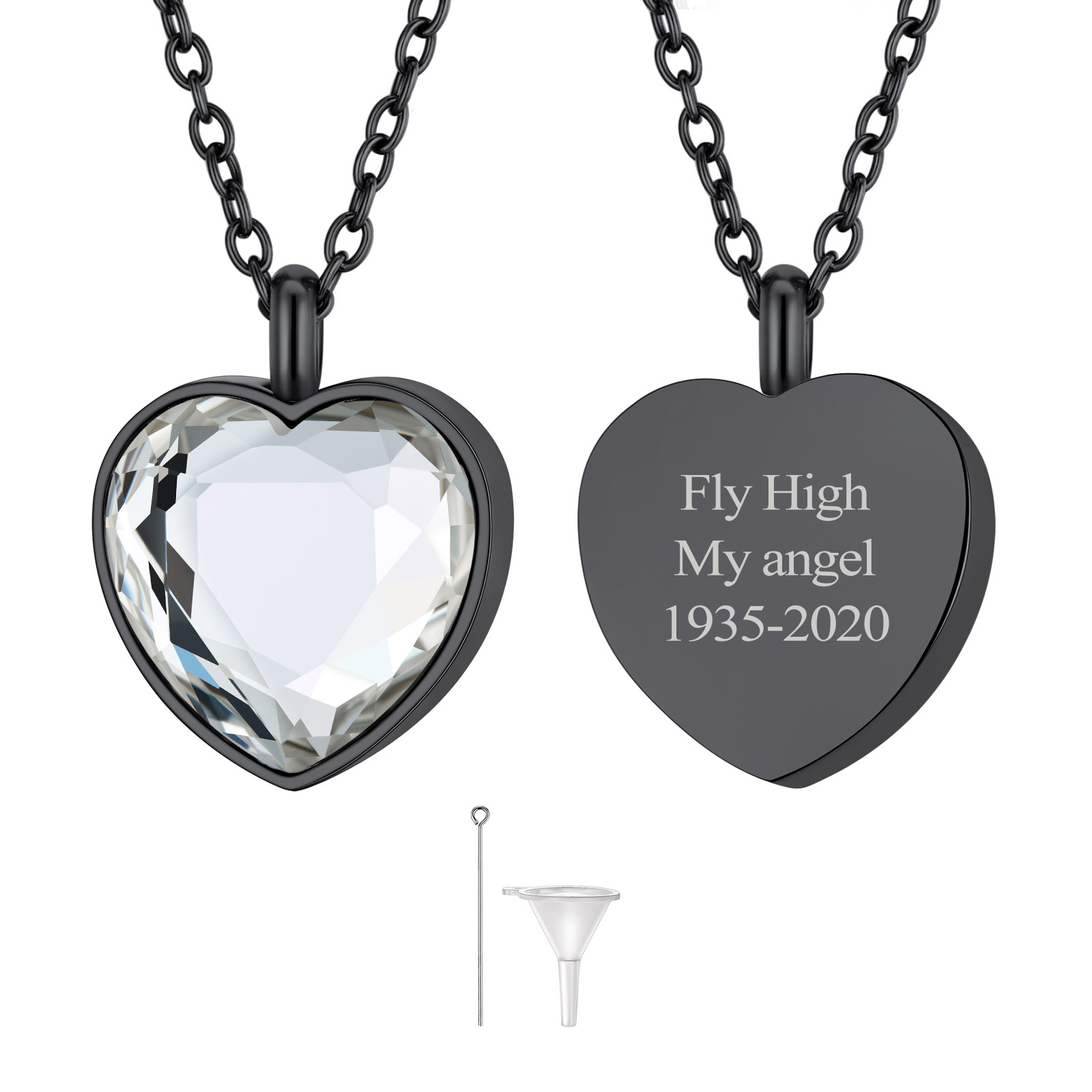 Custom Birthstone Engraved Heart Urn Necklaces for Ashes APR BLACK