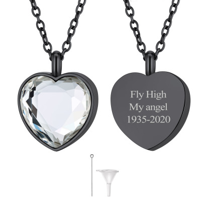 Custom Birthstone Engraved Heart Urn Necklaces for Ashes APR BLACK