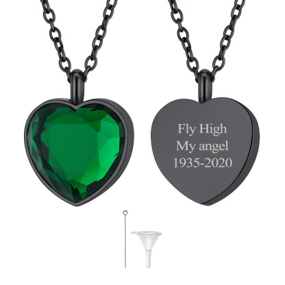 Custom Birthstone Engraved Heart Urn Necklaces for Ashes MAY BLACK