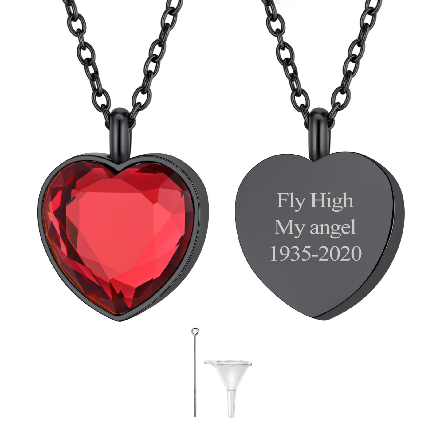 Custom Birthstone Engraved Heart Urn Necklaces for Ashes JUL BLACK