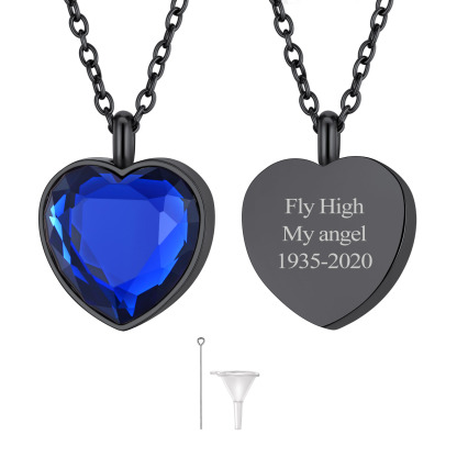 Custom Birthstone Engraved Heart Urn Necklaces for Ashes SEP BLACK