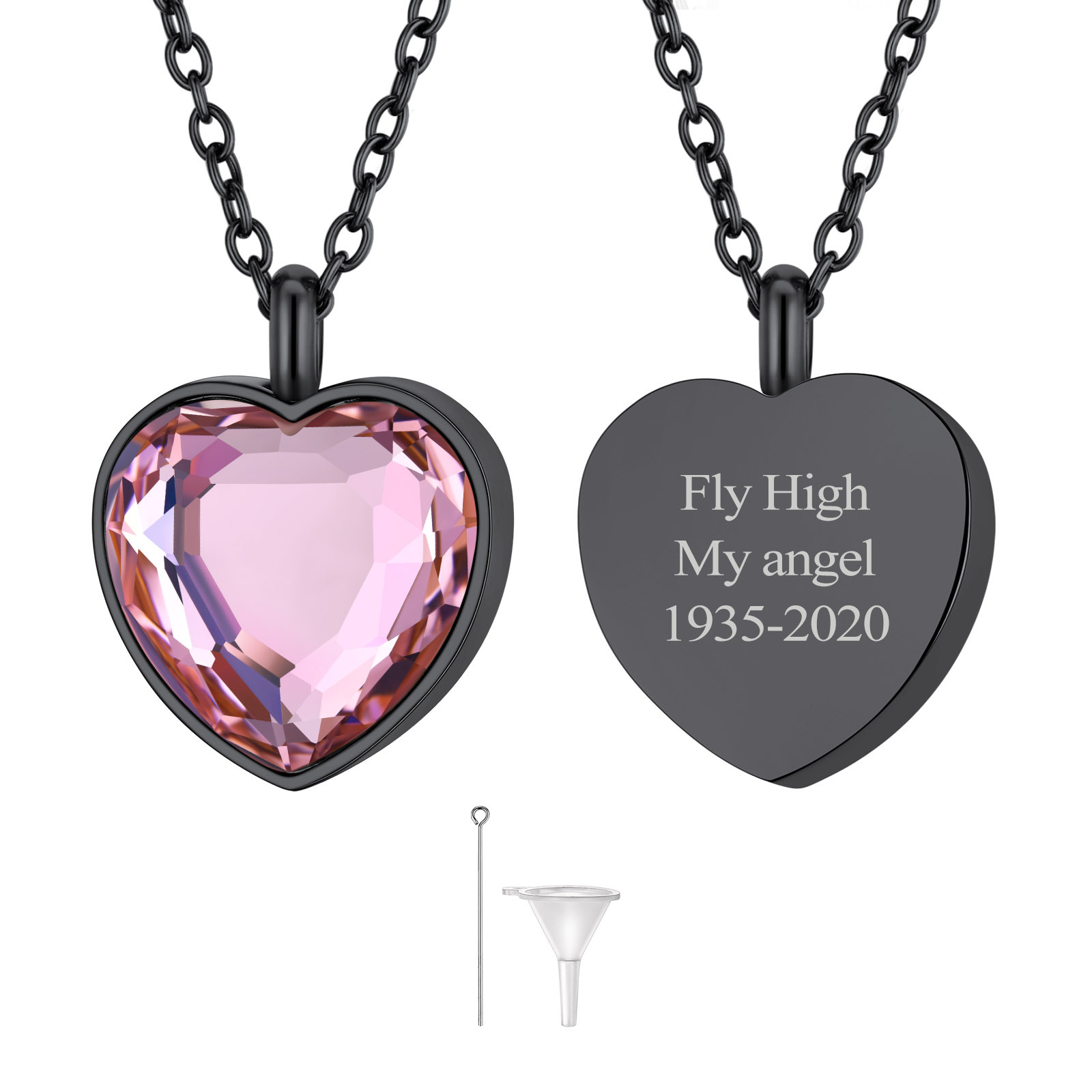 Custom Birthstone Engraved Heart Urn Necklaces for Ashes OCT BLACK