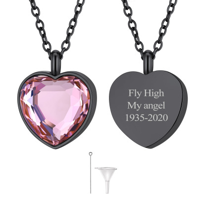 Custom Birthstone Engraved Heart Urn Necklaces for Ashes OCT BLACK