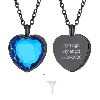 Custom Birthstone Engraved Heart Urn Necklaces for Ashes DEC BLACK