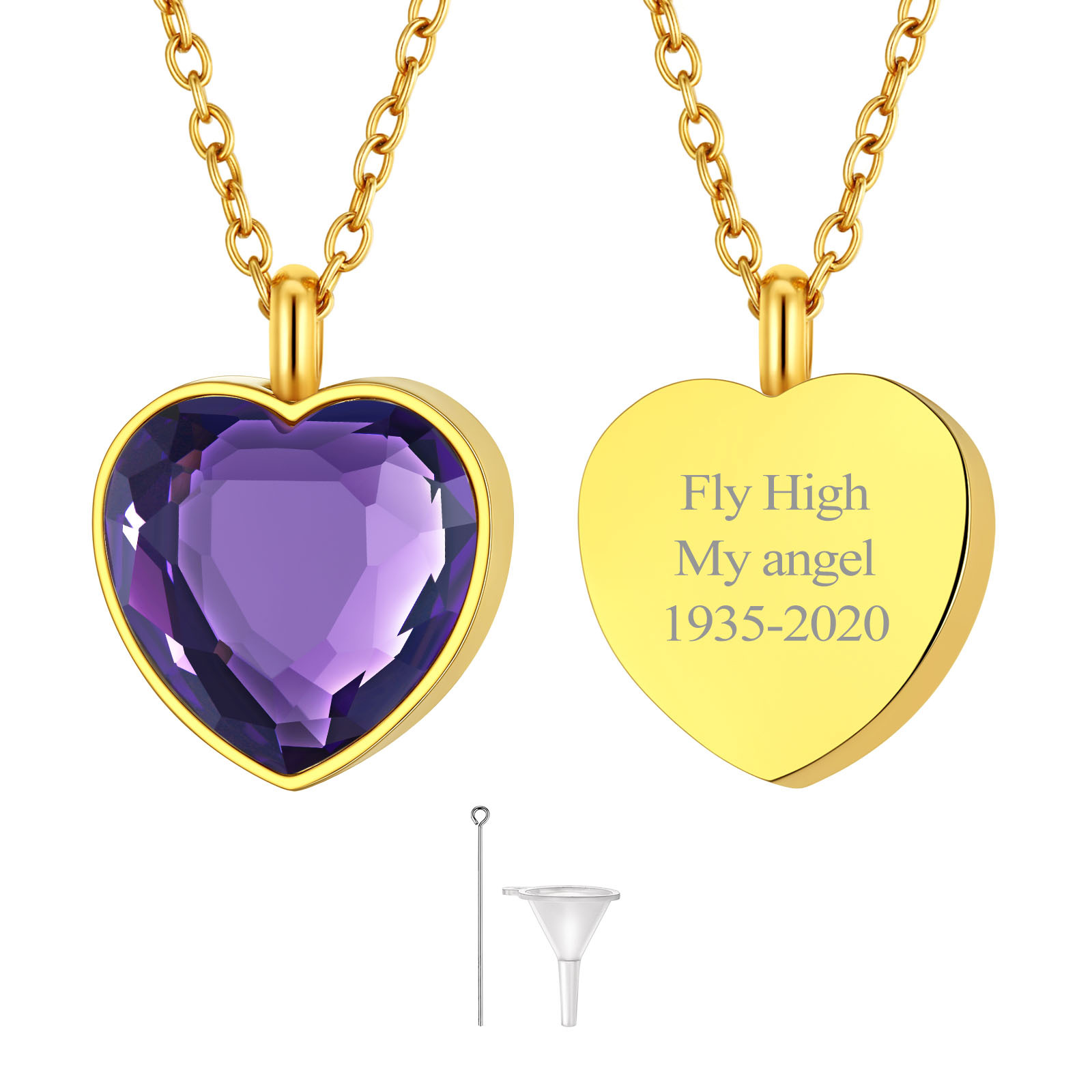 JUN Custom Birthstone Engraved Heart Urn Necklaces for Ashes 