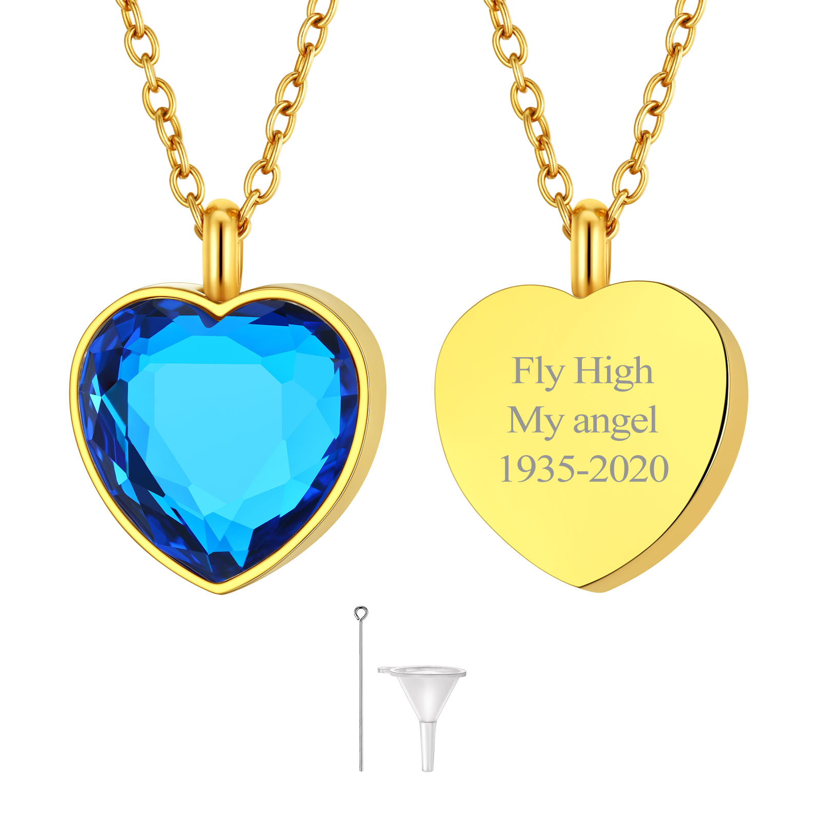DEC Custom Birthstone Engraved Heart Urn Necklaces for Ashes 