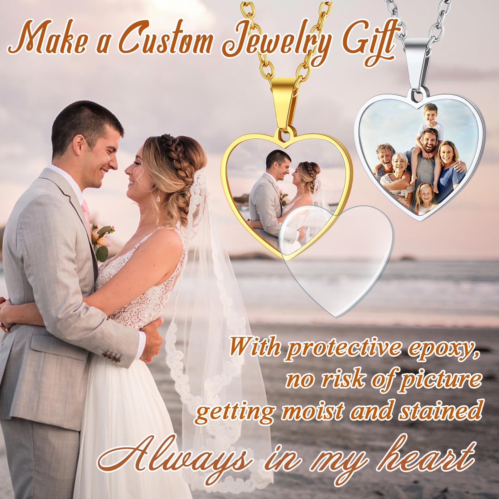 Personalized Heart Pendant Necklace with 2 Pictures 