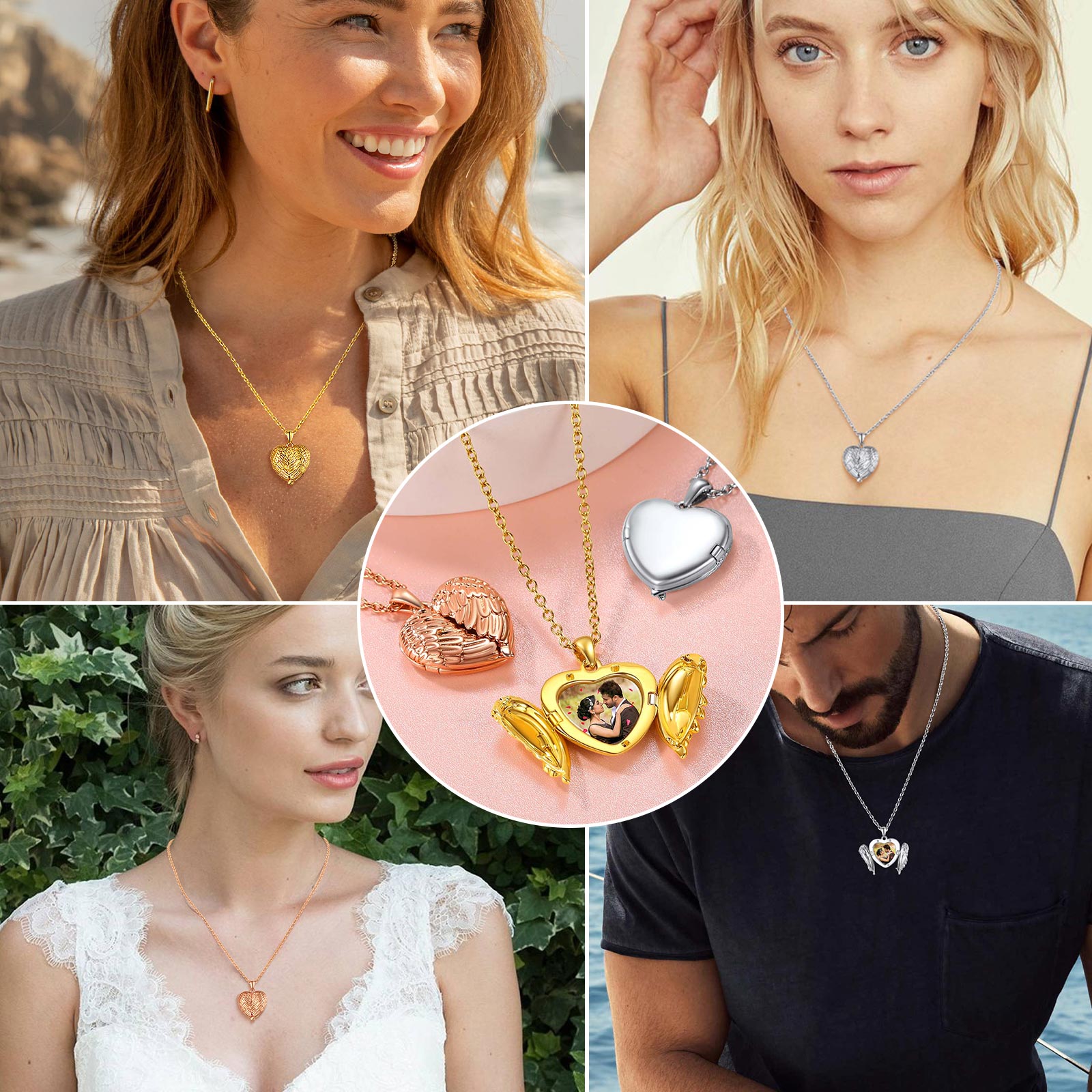 Personalized Heart Angel Wings Locket Necklace with Pictures