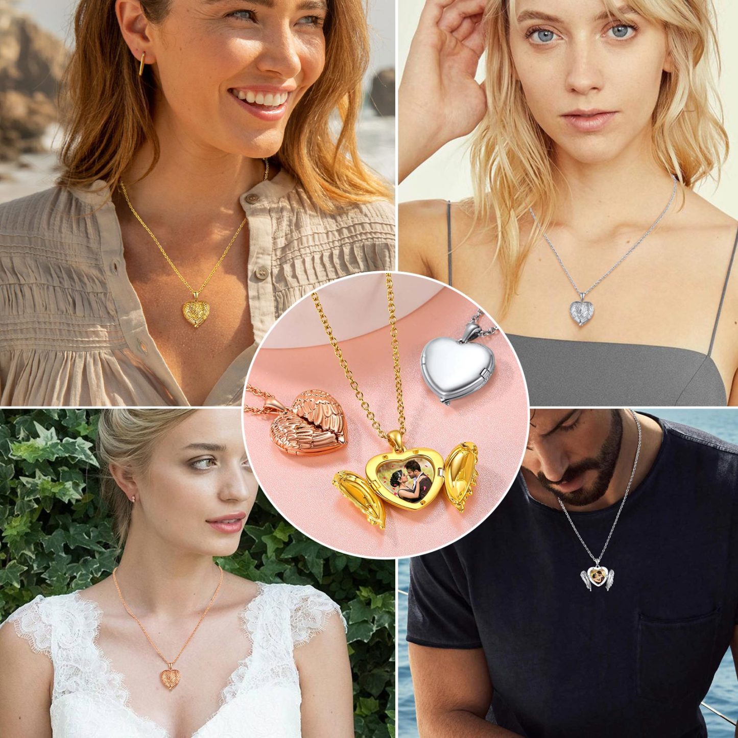 Personalized Heart Angel Wings Locket Necklace with Pictures