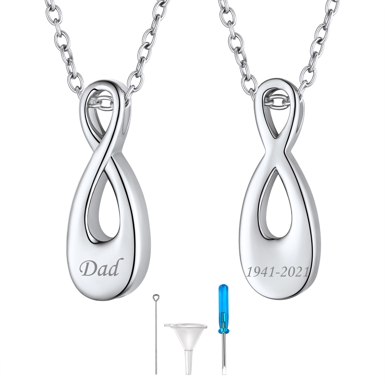 Custom Engraved Urn Cremation Infinity Necklace for Ashes silver