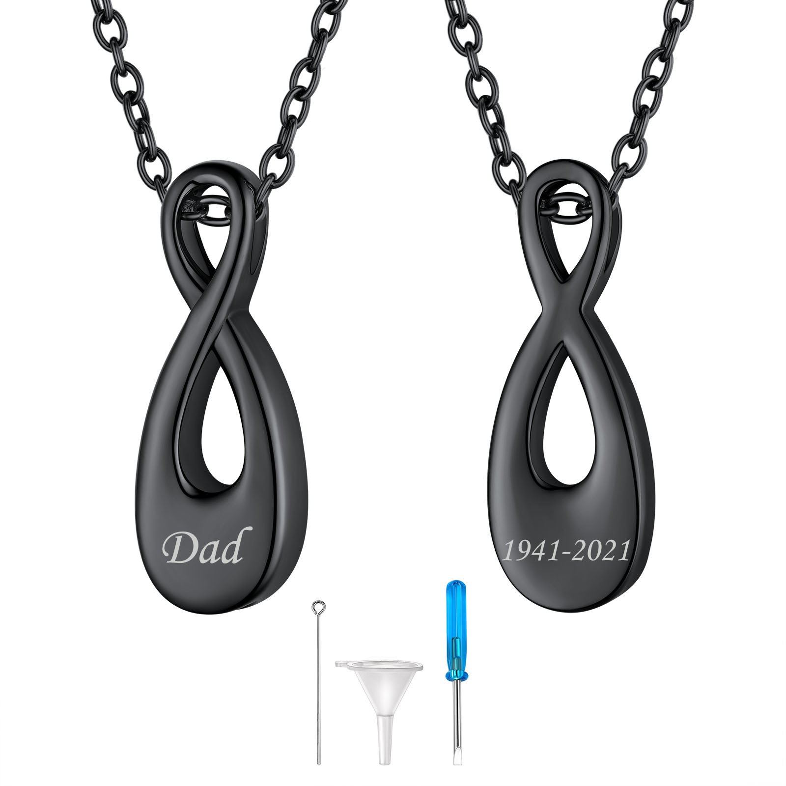 Custom Engraved Urn Cremation Infinity Necklace for Ashes black
