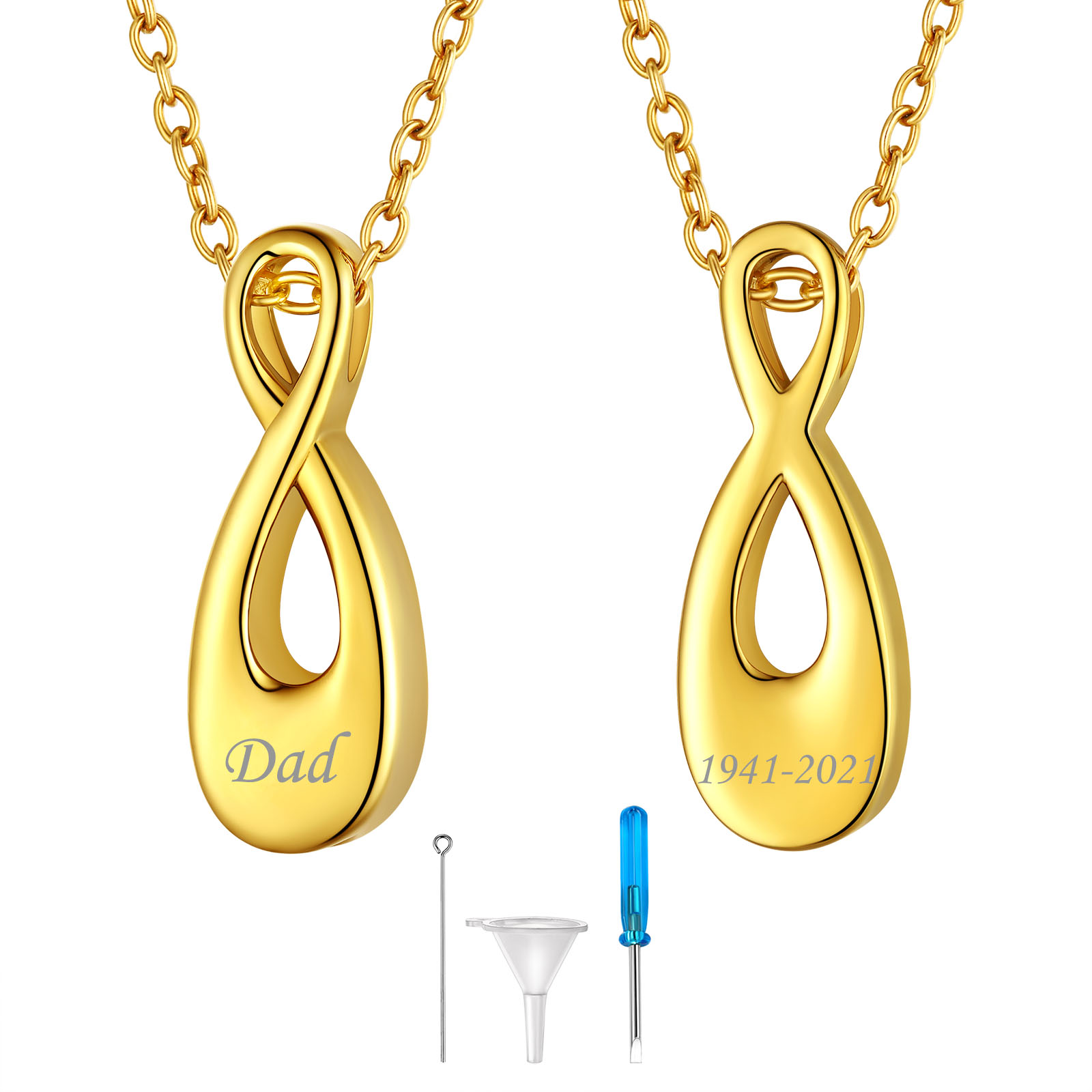 Custom Engraved Urn Cremation Infinity Necklace for Ashes gold