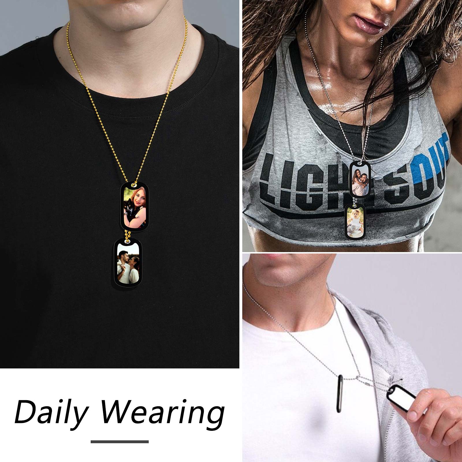 Custom Photo 2pcs Dog Tag Necklace for Men Women model show