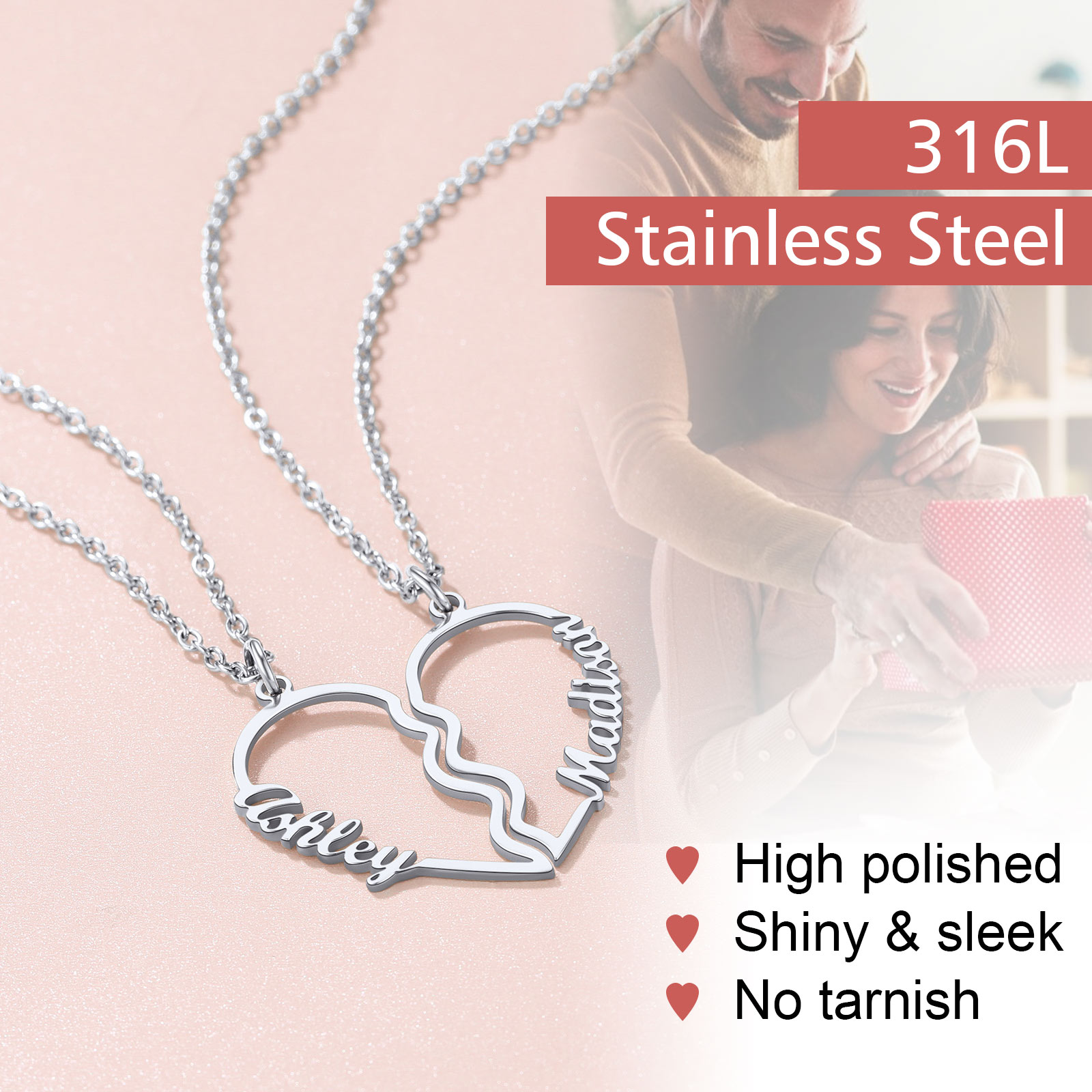 Name Heart Puzzle Matching Pendant Necklaces stainless steel