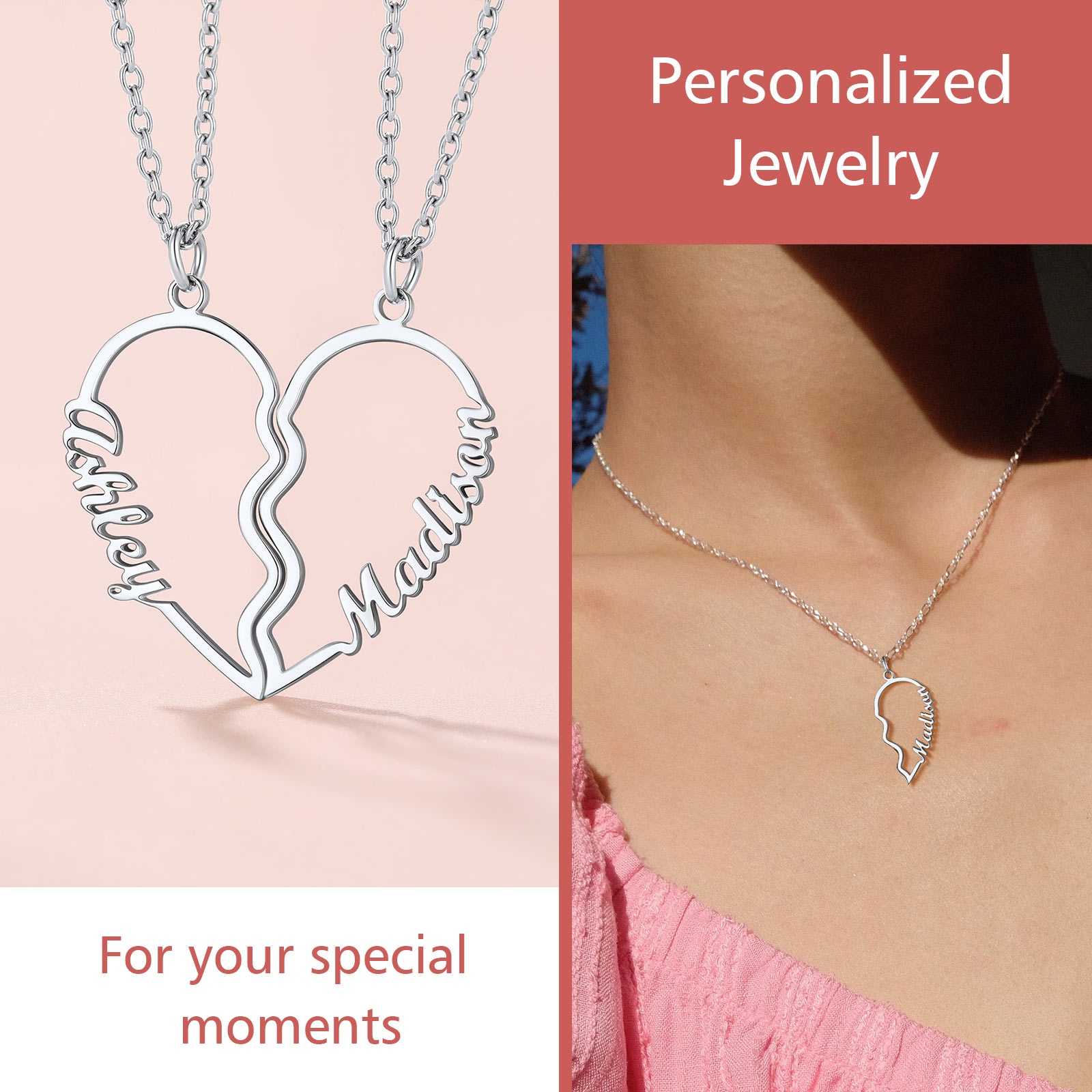 Personalized Name Heart Puzzle Matching Pendant Necklaces jewelry for your special moments