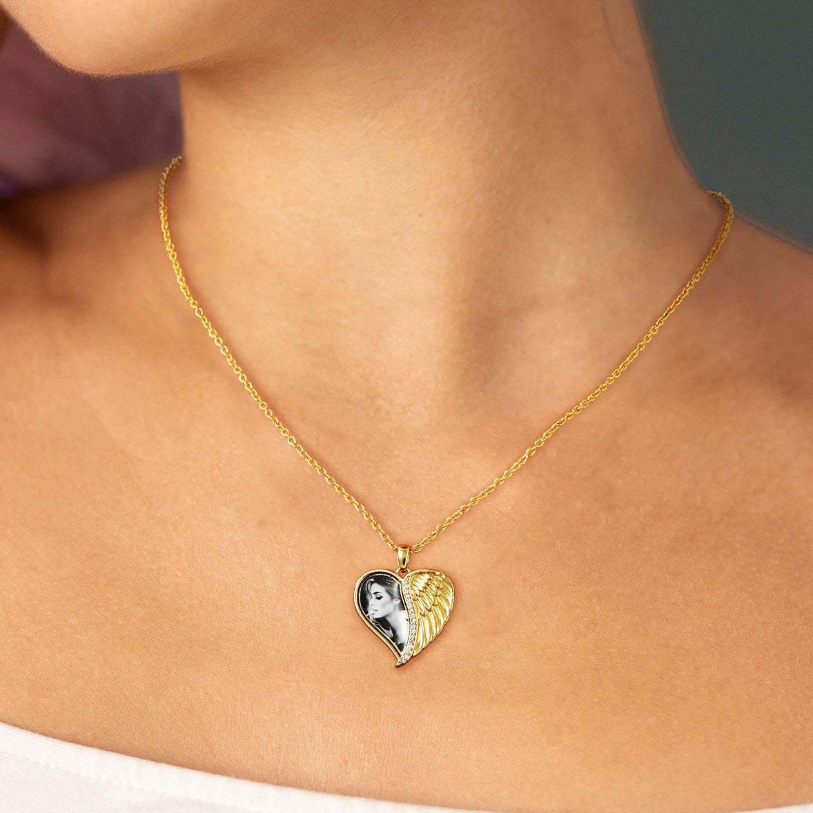 Custom4U Angel Wings Heart Photo Necklace
