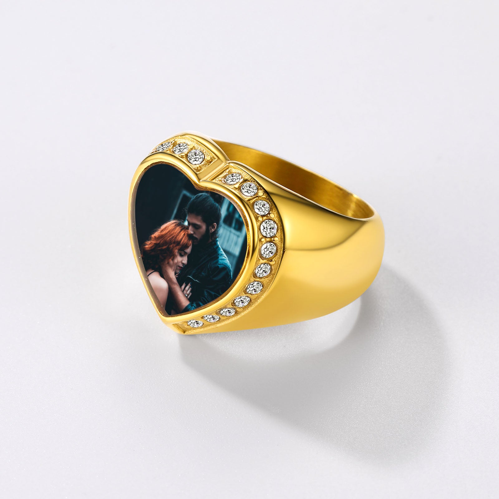 Custom4U 18K Gold Plated Heart Shape Signet Photo Ring