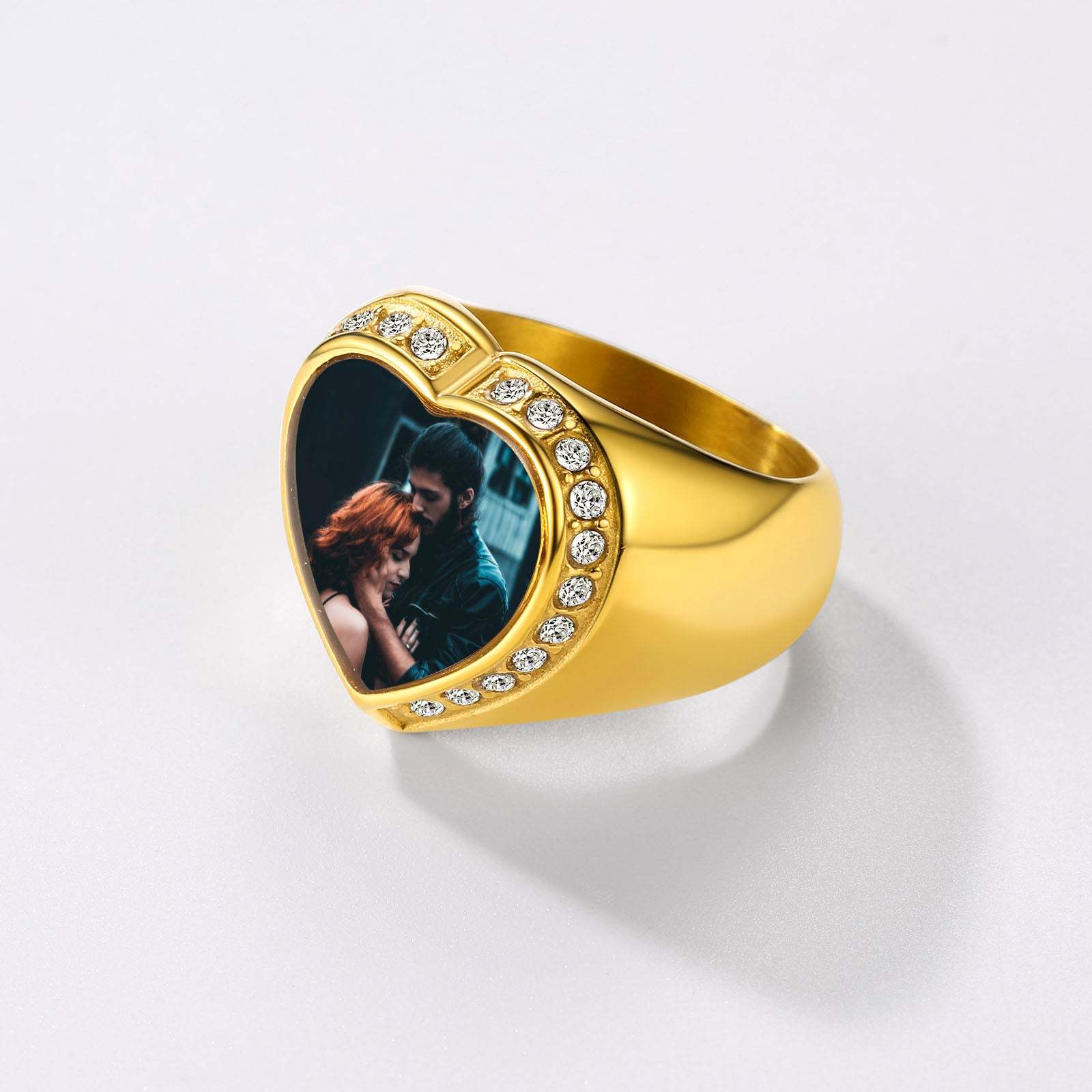 Custom4U 18K Gold Plated Heart Shape Signet Photo Ring
