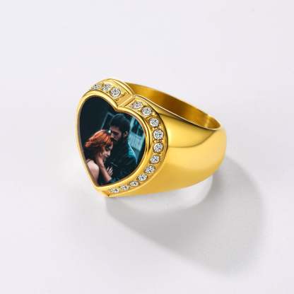 Custom4U 18K Gold Plated Heart Shape Signet Photo Ring