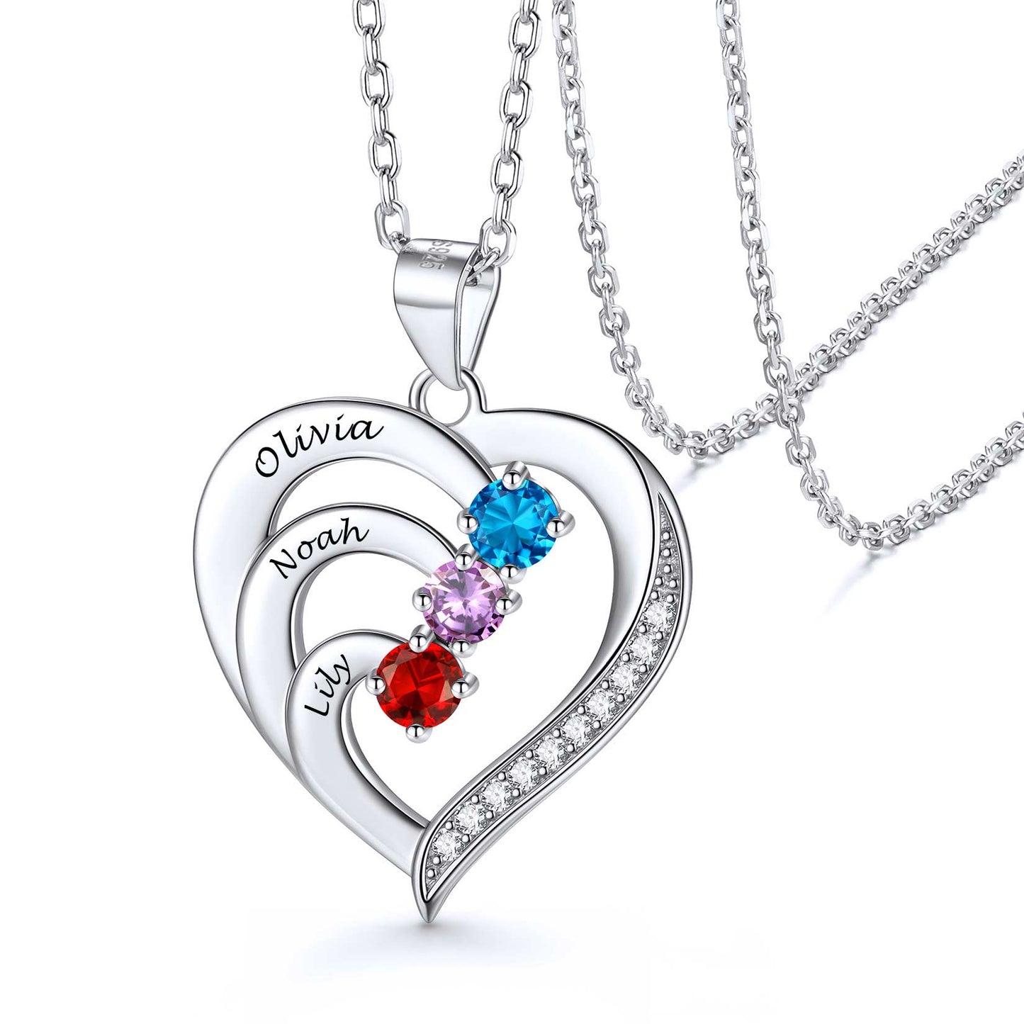 Birthstone Heart 3 Stones Family Necklace for Mom