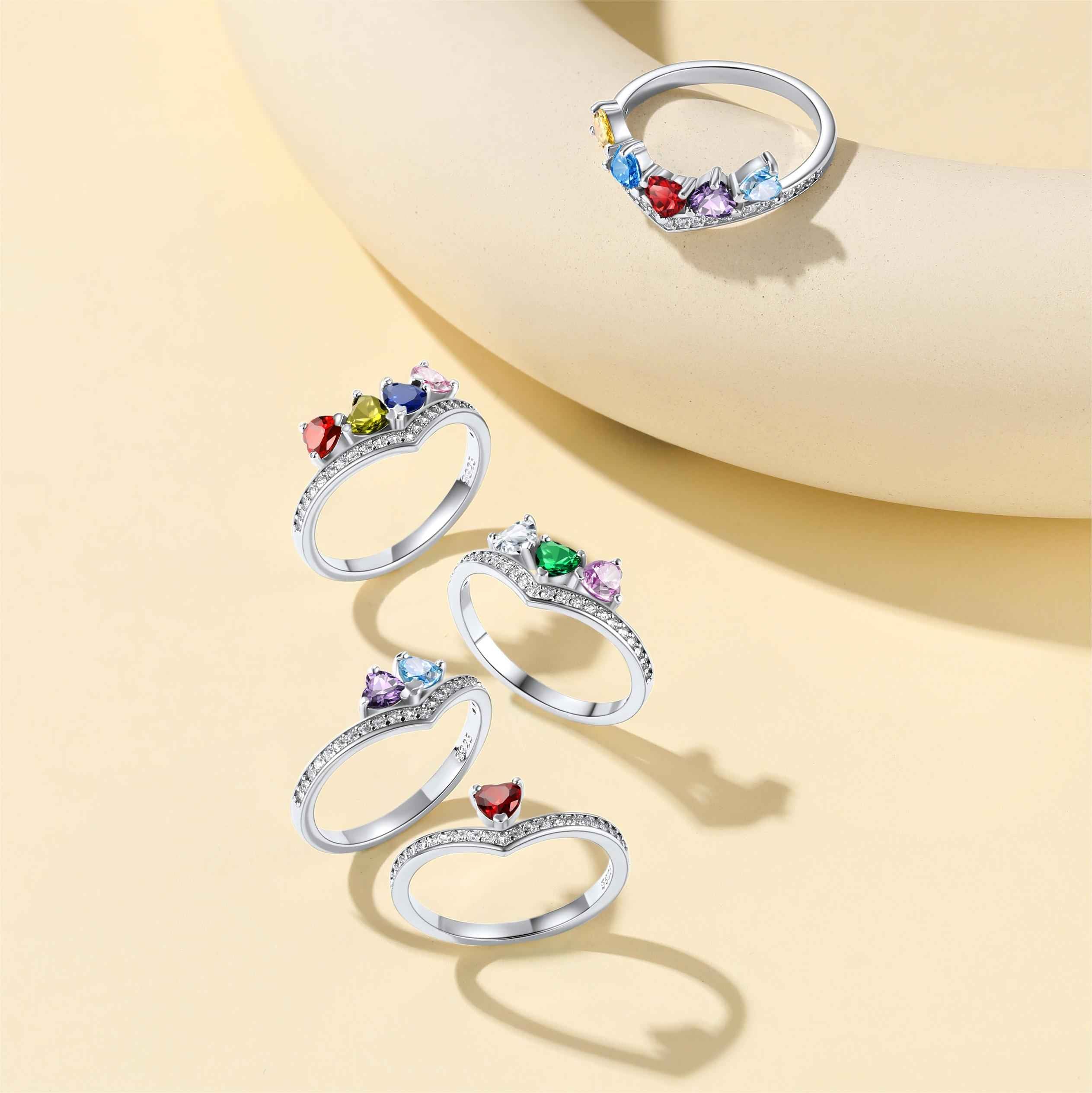 Custom Sterling Silver Heart 1-5 Birthstones Ring for Mom