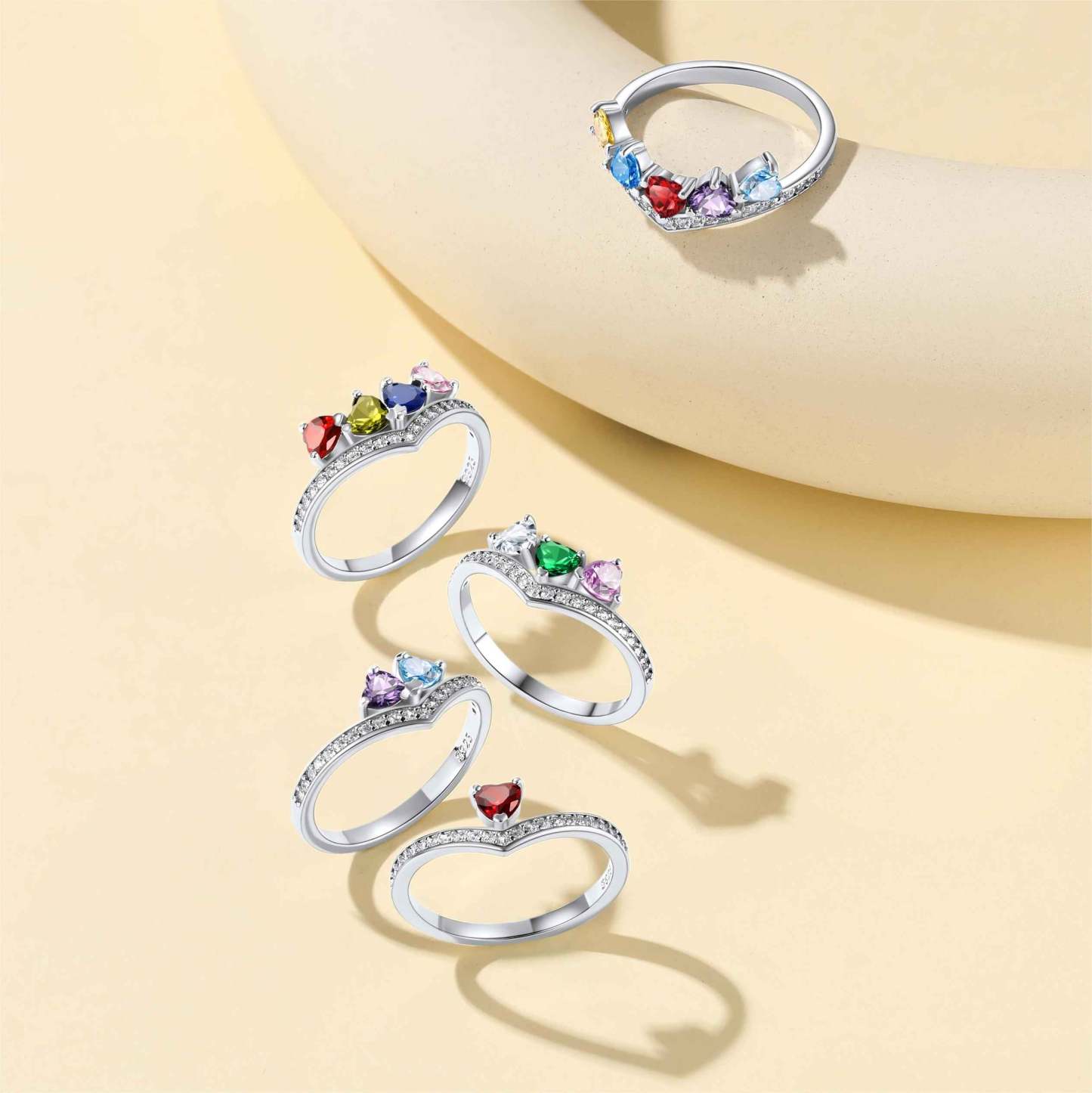 Custom Sterling Silver Heart 1-5 Birthstones Ring for Mom