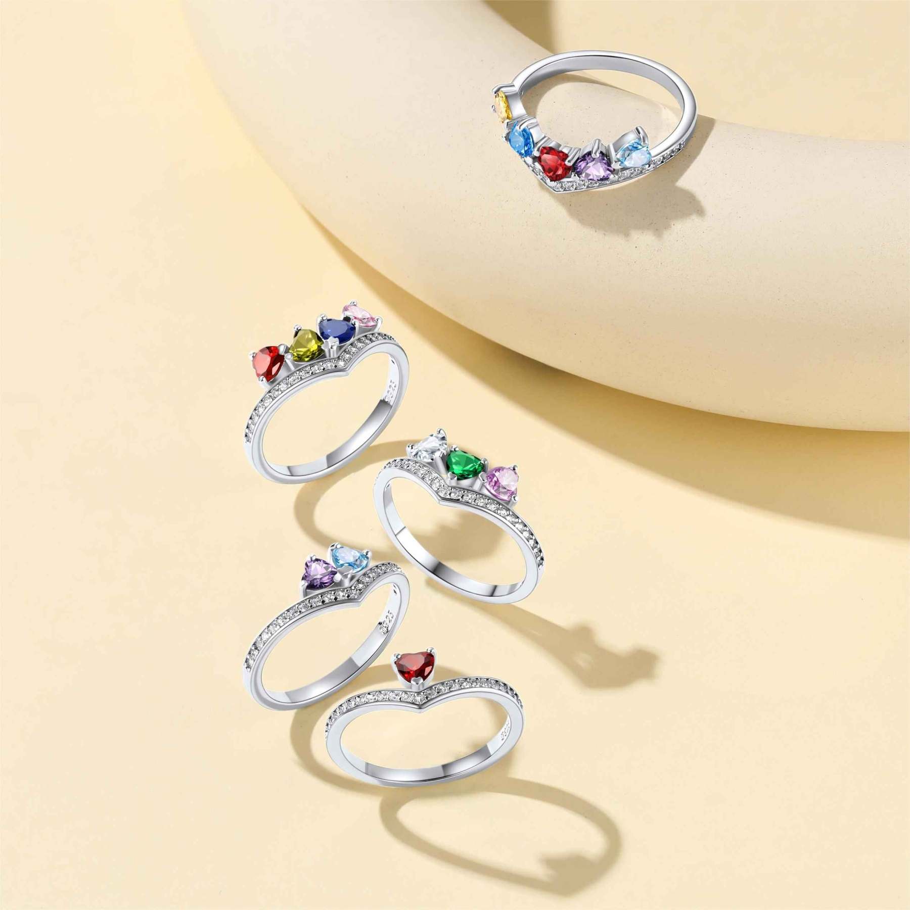 Custom Sterling Silver Heart 1-5 Birthstones Ring for Mom