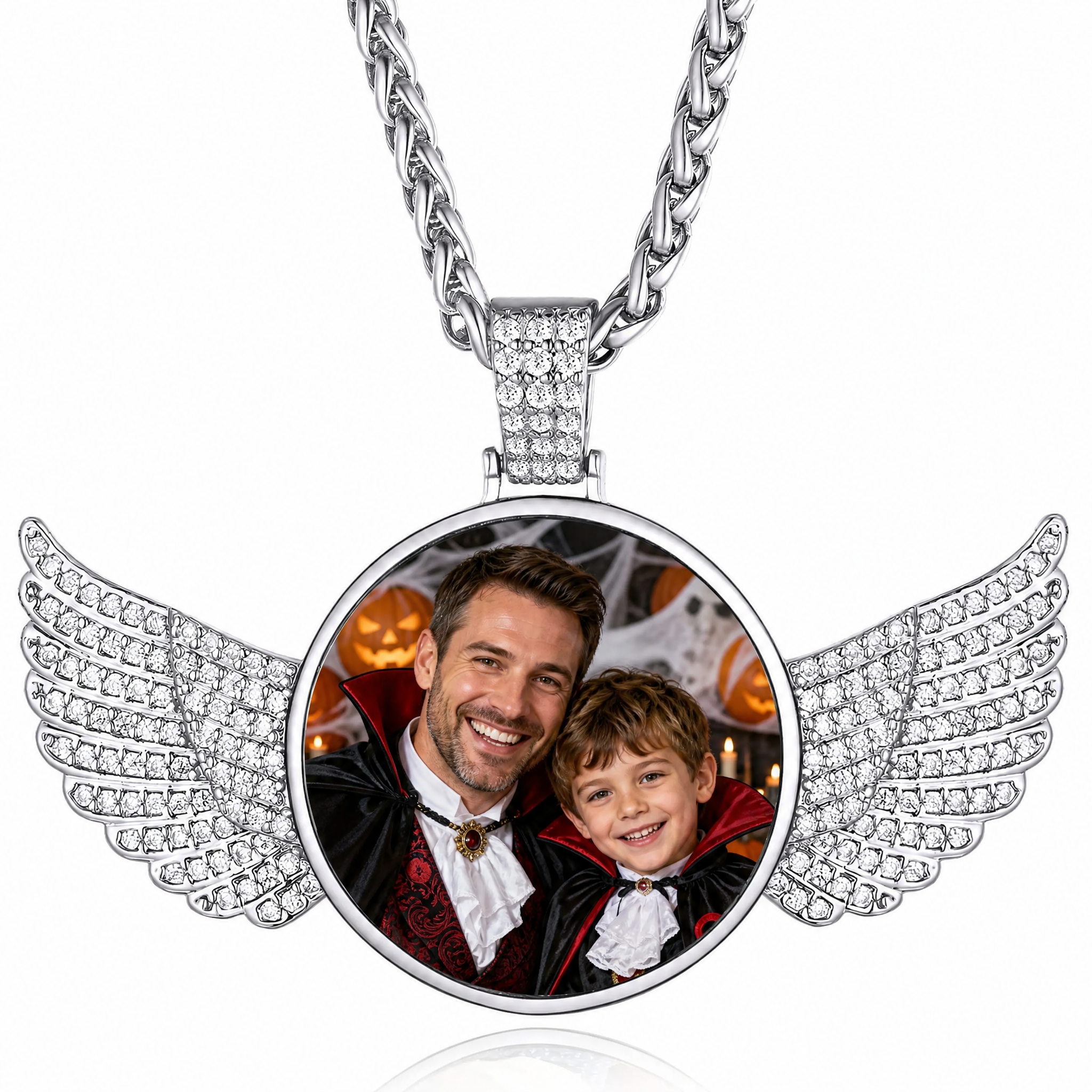 Personalized  Photo Necklace Angel Wing Circle Chain with Picture